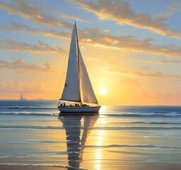 Illustration of sailboat yaht in calm ocean with island and sunrise.