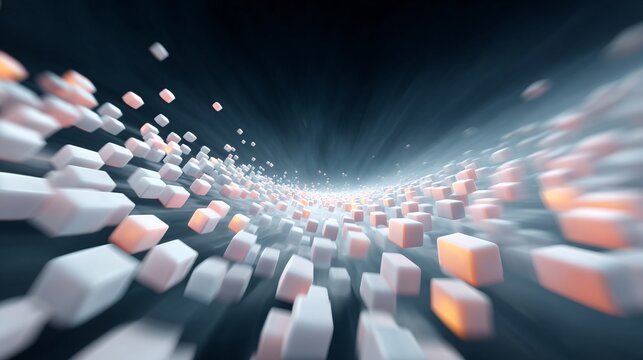Rotating White and Orange Cubes Forming a 3D Spiral Tunnel
