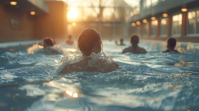The image captures a serene moment of swimmers enjoying a peaceful sunset swim in an indoor pool, illustrating the beauty of relaxation and tranquility in life.