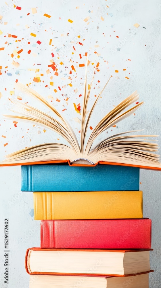 Poster open book spreading colorful confetti on top of a stack of colorful books celebrates the excitement 