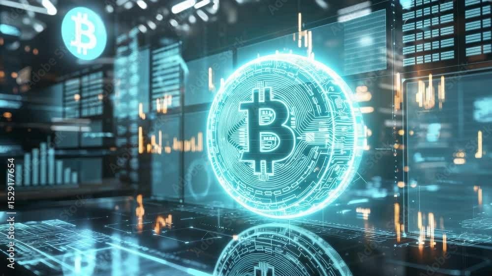 Poster a digital bitcoin symbol floats in a futuristic, high-tech environment with charts and glowing netwo