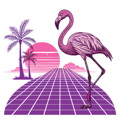 A vibrant flamingo stands elegantly on a grid of vintage purple synthesizers, creating a surreal and retro scene.