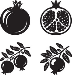 pomegranate fruit silhouette set vector illustration isolated On Transparent Background 