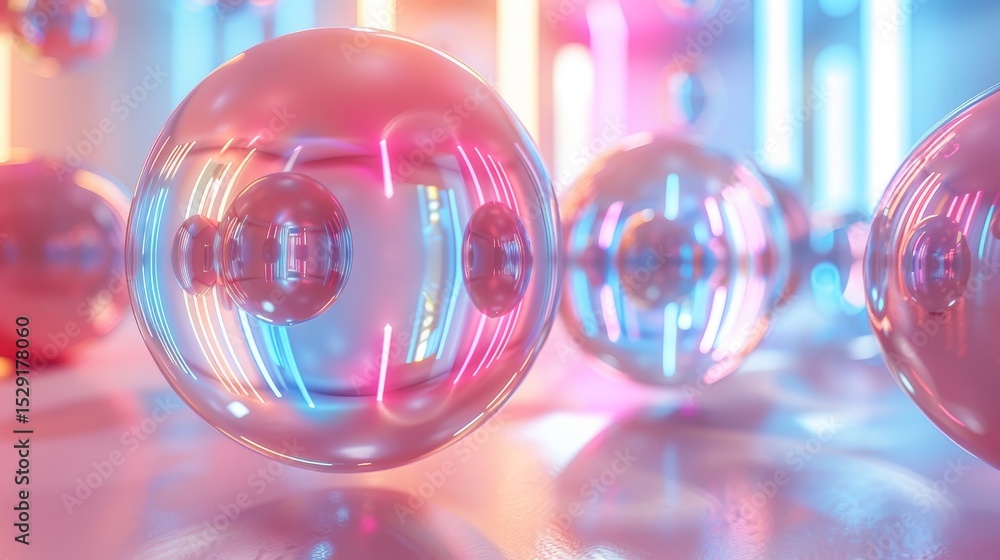 Poster a collection of reflective bubbles surrounded by soft pastel lighting, creating a whimsical and drea