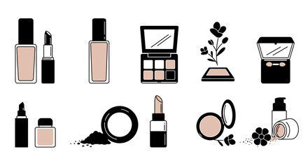 Cosmetics icon set. Vector illustration of face skin care and makeup products