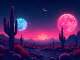 Obraz premium A vibrant, surreal landscape featuring two glowing moons and a neon cactus under a starry sky