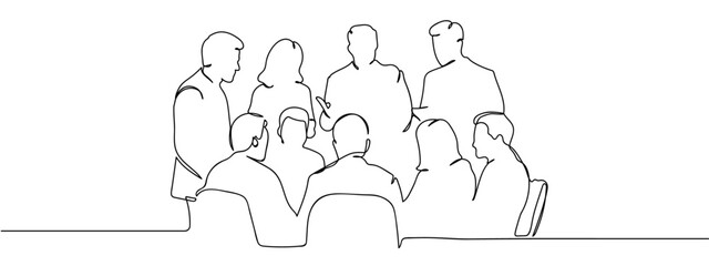 Continuous line, group of people are having a meeting, working, planning, financial business illustration. Vector art lines, transparent background, edit stroke