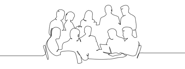 Continuous line, group of people are having a meeting, working, planning, financial business illustration. Vector art lines, transparent background, edit stroke