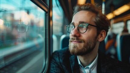 A contemplative young man wearing glasses looks out the window of a train, reflecting on life, travel, and the beauty of fleeting moments during his journey.