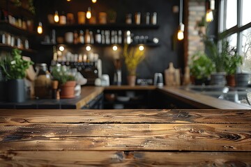 An inviting coffee shop interior showcasing a beautifully crafted wooden bar and softly glowing lights, perfect for illustrating cozy spaces and contemporary lifestyle.