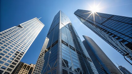 Obraz premium Modern skyscrapers soaring towards the clear blue sky with bright sunlight shining through