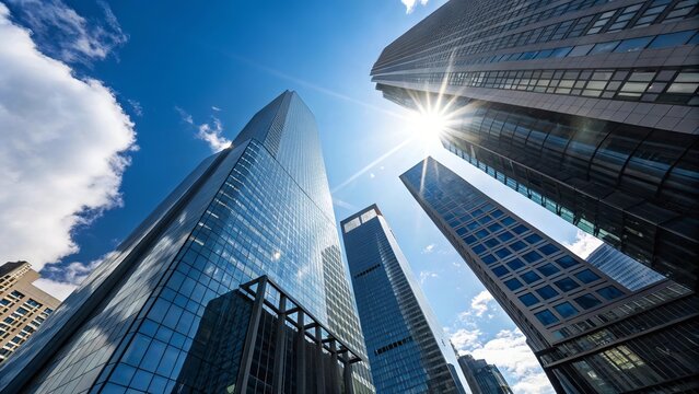 Modern skyscrapers reaching towards bright sun and blue sky in urban cityscape