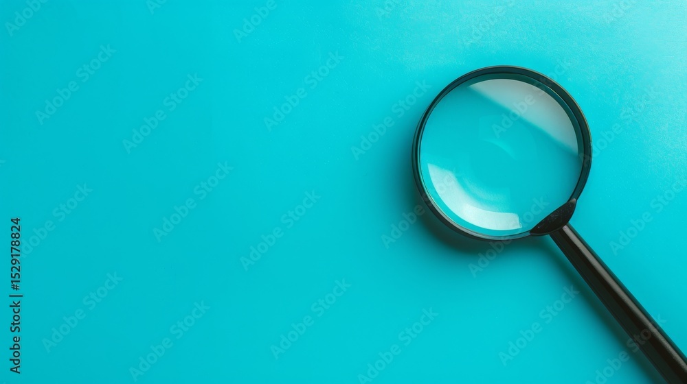 Poster a close-up shot of a magnifying glass placed on a vibrant turquoise background, highlighting the cle