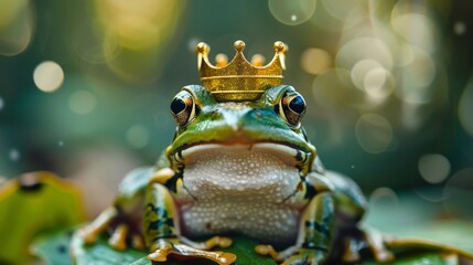 This whimsical scene features a frog wearing a miniature golden crown, offering a playful and humorous take on royal charm in an enchanting natural setting.