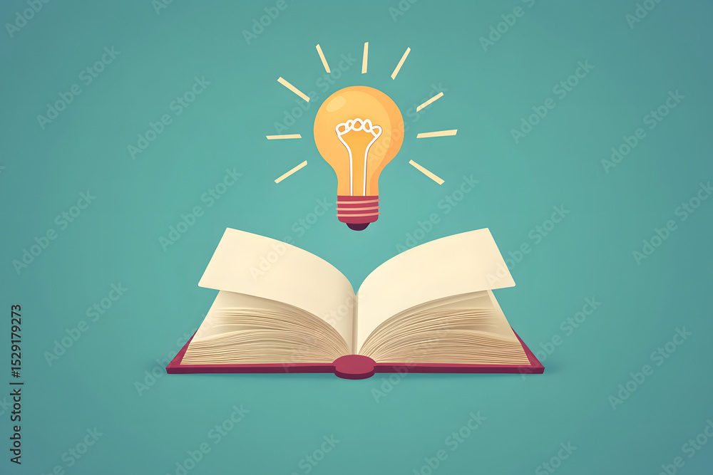 Poster a clean flat design of an open book with a glowing light bulb above it, symbolizing learning and cre