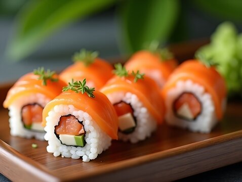 Salmon sushi roll dipped in sauce on a table, green leaves in the background. Food advert