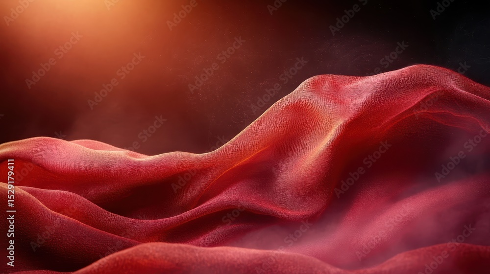 Poster an exquisite abstract representation of flowing red fabric, capturing the interplay between light an