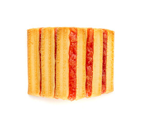 Shortbread sticks with a jam strip isolated, biscuit cookies with fruit marmalade or jelly on white