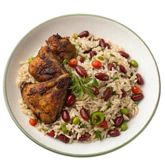 Fototapeta premium Delicious grilled chicken and vegetable dish with gourmet sauce and red pepper