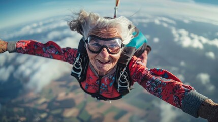 An adventurous elderly woman skydiving from a great height, her face illuminated with joy and excitement, illustrating the spirit of adventure and the thrill of living life to the fullest.