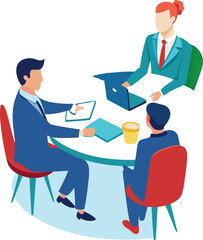 Business meeting illustration four people around a table isolated on white background