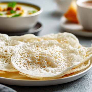 closeup shot ready to serve appam lacy rice pancakes served with coconut stew on plate minimal background