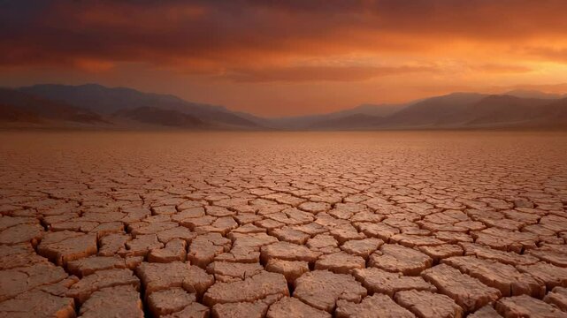 Desert Landscape at Sunset with Cracked Earth and Mountains Under an Orange Sky