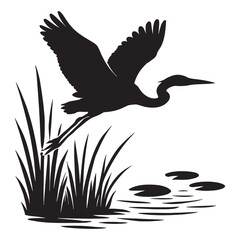 Fototapeta premium Heron Bird Flying Over Lake with Reeds Silhouette Design