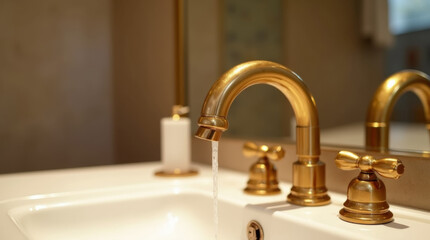 Golden faucet on bathroom sink, close up
