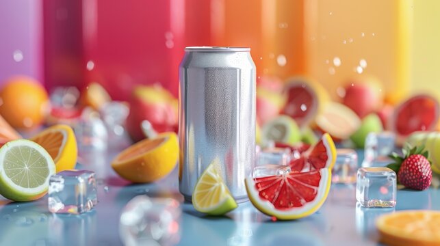 A vibrant scene featuring a silver can surrounded by colorful fruits including lemon, lime, and strawberry, suggesting freshness and vitality, ideal for summer refreshment.