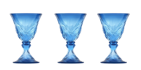 Three blue trophy cups glass isolated on transparent background. 