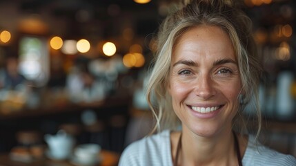 The image features a smiling woman with a bright and friendly expression, set in a warm and inviting cafe ambiance that radiates positivity and connection with others.