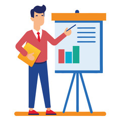 Business presenter pointing at presentation board isolated on white background