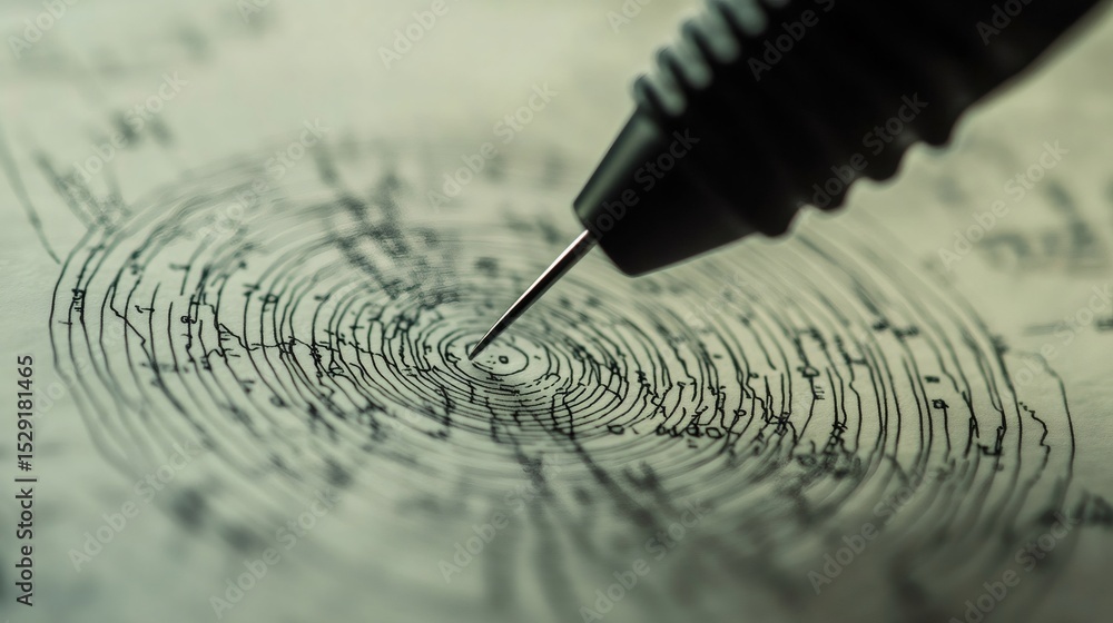 Poster geologist using a drafting compass drawing seismic waves expanding from the epicenter of an earthqua
