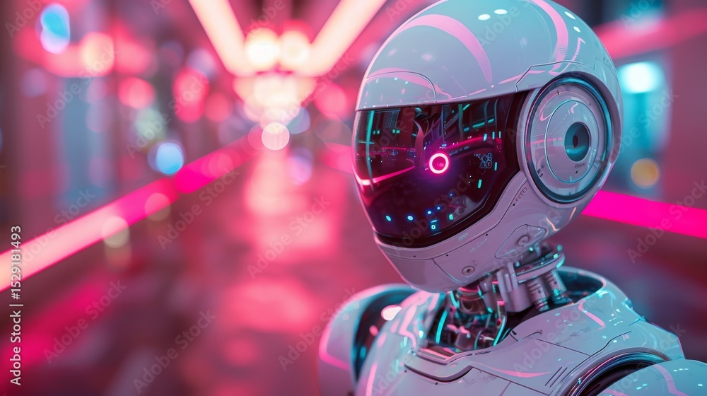 Aufkleber a sleek futuristic robot with illuminated features stands confidently in a vibrant neon-lit corridor