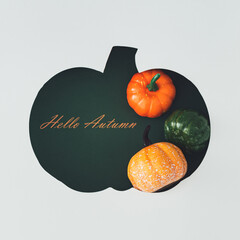 Creative flat lay of decorative pumpkins with text Hello Autumn visible through a pumpkin shaped gap. Cozy seasonal concept for fall backgrounds, Thanksgiving themes and harvest celebrations.