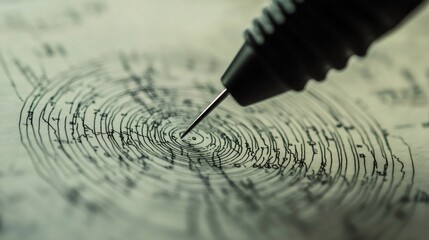 Geologist using a drafting compass drawing seismic waves expanding from the epicenter of an earthquake on a topographic map, studying geology and seismology