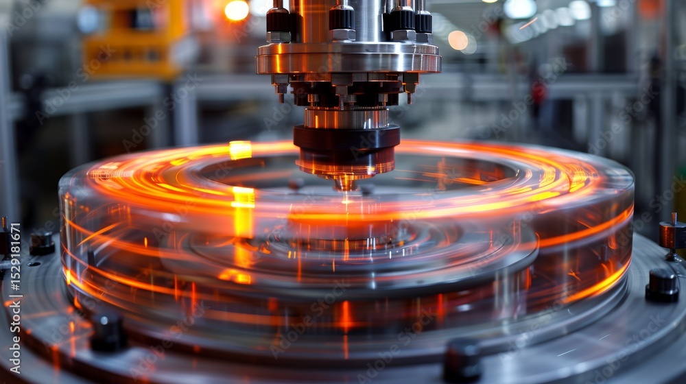 Aufkleber a dynamic industrial machine in motion, creating a mesmerizing swirl of fiery orange light, showcasi