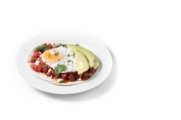 Huevos Rancheros isolated on white background. Traditional Mexican breakfast. Copy space