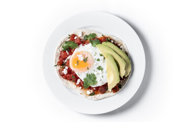 Huevos Rancheros isolated on white background. Traditional Mexican breakfast.