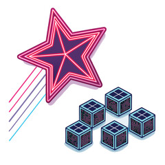 Generate a vibrant image of a neon shooting star streaking across a dark background above a field of floating, colorful 3D digital cubes.  Isolated on black.