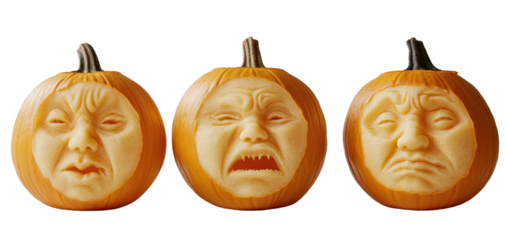 Three carved pumpkins with different facial express isolated on transparent background.