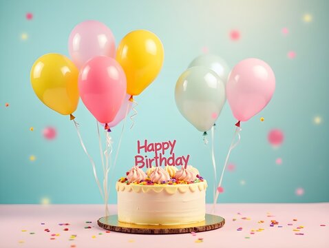 happy birthday card with balloons and cake