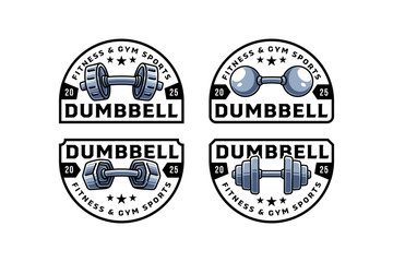 Dumbbell colorful illustration design set. Dumbbell badge or patches logo collections. Fitness, gym equipment, weight training, body care, bodybuilding, workout, weightlifting. Vector illustration