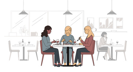 Friends Enjoying Meal Together in Restaurant Illustration