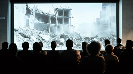 Scientists and geologists are attending a presentation about a devastating earthquake, observing the destruction of a building on a large screen in a modern conference room