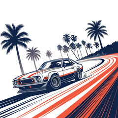 Synthwave-styled outrun image a car drifting on a palm-lined road at night, neon glowing trails, vibrant colors.
