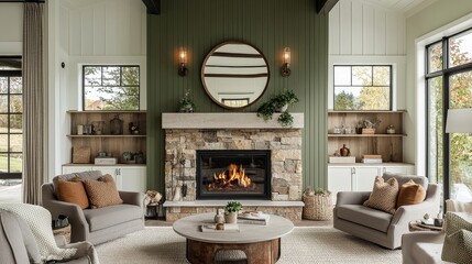 Fototapeta premium Modern farmhouse living room with stone fireplace, green walls, white ceiling, large oval mirror, vintage light fixtures, circular coffee table, grey armchairs, warm throw pillows, natural lighting, a
