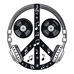 A vibrant peace symbol meticulously crafted from headphones, musical notes, and a vinyl record, symbolizing harmony and peace through music.