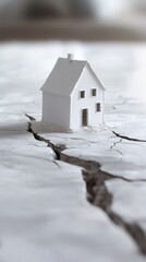 White miniature house resting on cracked ground, illustrating earthquake damage and the vital need for preparedness and insurance against natural disasters